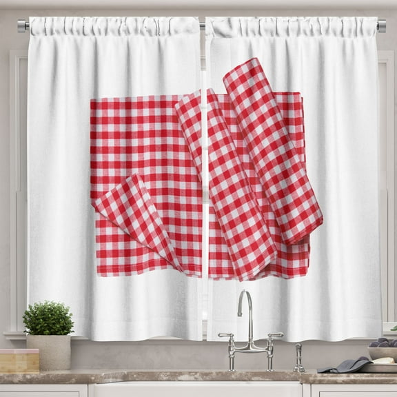 Ambesonne Gingham Kitchen Curtains, Photo of Tablecloth Print, 55"x24", White and Dark Pink