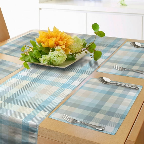 Ambesonne Gingham Table Runner & Placemats, Pastel Hues Tartan Artwork, Placemat 4 pcs + Runner 14"x90", White Pale Blue Baby Blue