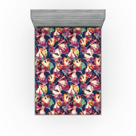 Ambesonne Ginko Leaves Fitted Sheet, Psychedelic Leafy Art, King Size, Dark Indigo Magenta