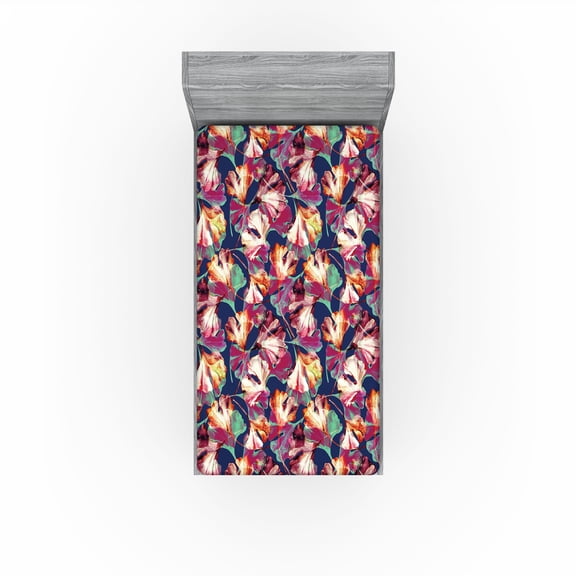 Ambesonne Ginko Leaves Fitted Sheet, Psychedelic Leafy Art, Twin XL Size, Dark Indigo Magenta