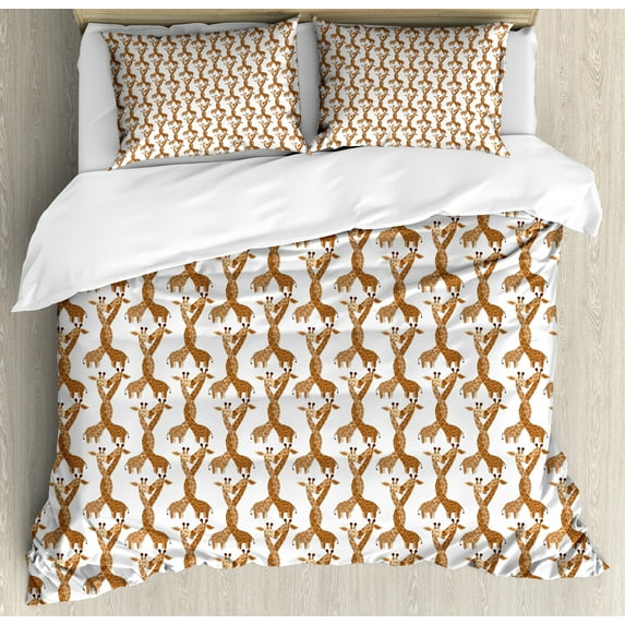 Ambesonne Giraffe Duvet Cover Sets, Kissing Animal Couple Love, 2-Queen, Cinnamon White Peach