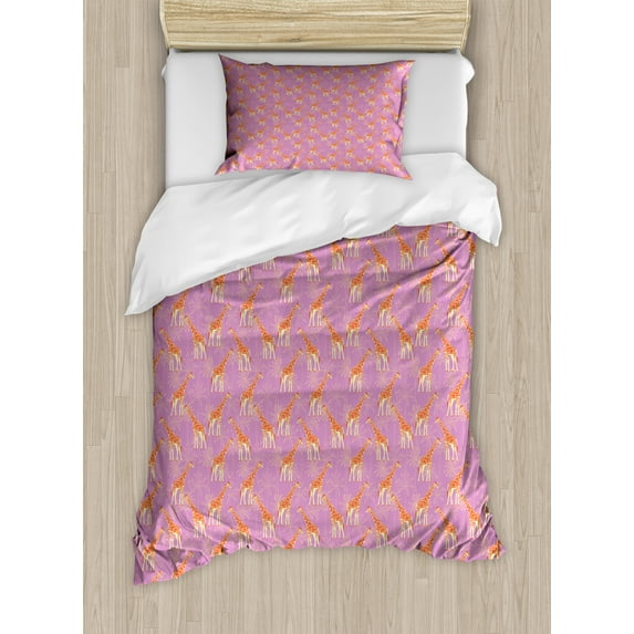 Ambesonne Giraffe Duvet Cover Sets, Vibrant Long Necked Animals, 2-Twin, Pale Fuchsia Burnt Orange