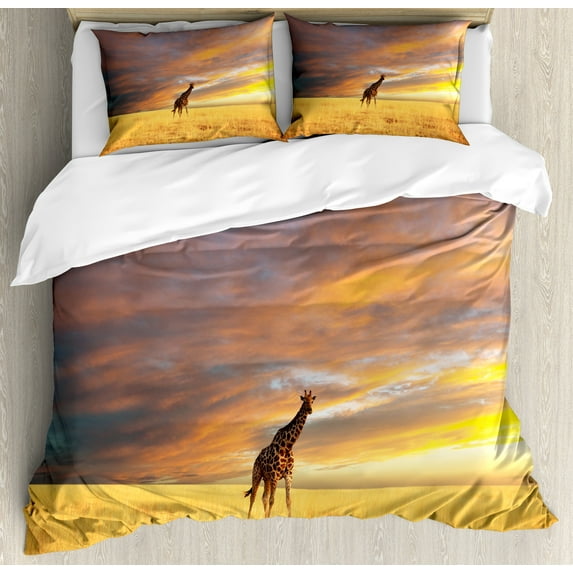 Ambesonne Giraffe Duvet Cover Sets, Wildlife, 2-King, Yellow and Peach