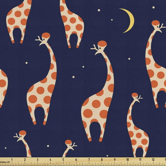 Ambesonne Giraffe Fabric by the Yard Upholstery, Funny Animals Night Sky, 3 Yards, Dark Orange Navy Blue