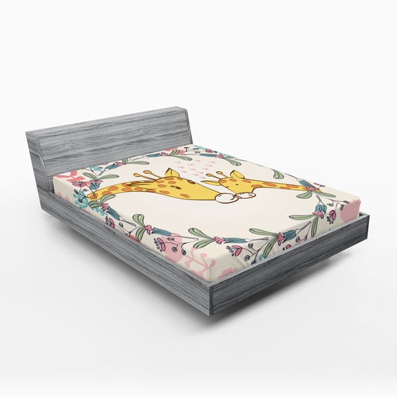 Ambesonne Giraffe Fitted Sheet, Cartoon Mom and, Queen Size, Multicolor
