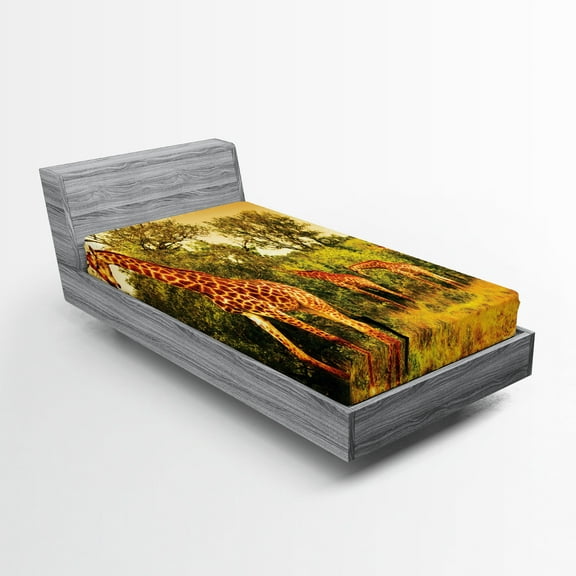 Ambesonne Giraffe Fitted Sheet, Savannah Animals Wildlife, Twin XL Size, Dark Orange and Green