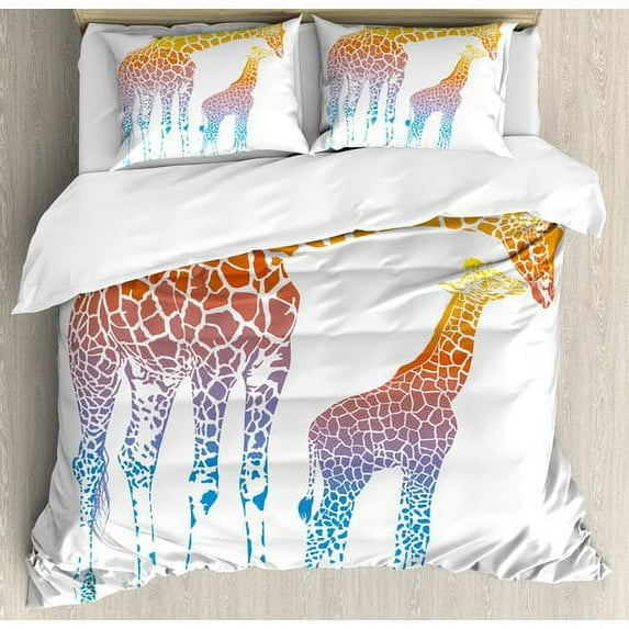 Ambesonne Giraffe Mom and Kid Giraffe in Rainbow Colors Duvet Cover Set