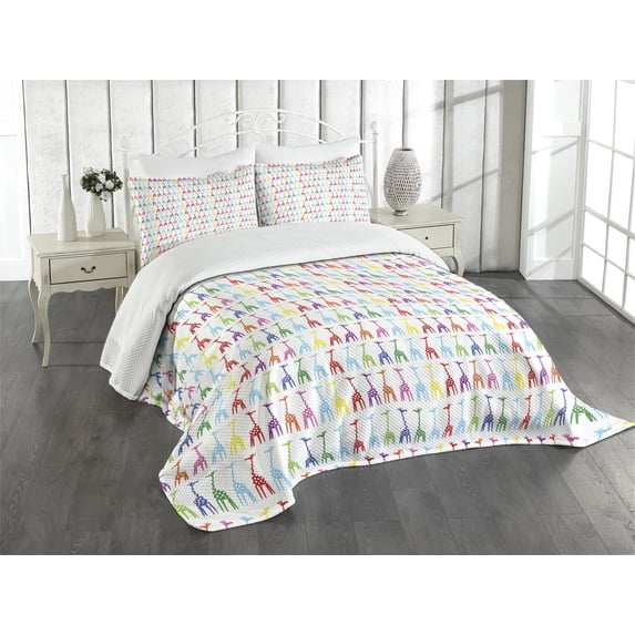 Ambesonne Giraffe Quilted Bedspread Set 3 Pcs, Abstract Bodies Dots, Queen Size, Multicolor