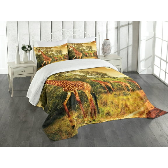 Ambesonne Giraffe Quilted Bedspread Set 3 Pcs, Savannah Animals Wildlife, King Size, Dark Orange and Green