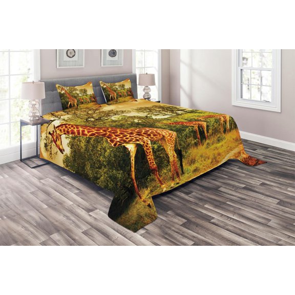 Ambesonne Giraffe Quilted Coverlet 3 Pcs, Savannah Animals Wildlife, Queen Size, Dark Orange and Green