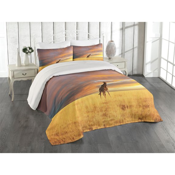 Ambesonne Giraffe Quilted Coverlet 3 Pcs, Wildlife, Queen Size, Yellow and Peach