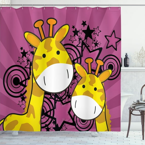 Ambesonne Giraffe Shower Curtain, Cartoon Animals Starburst, 69"Wx75"L, Dark Magenta and Yellow