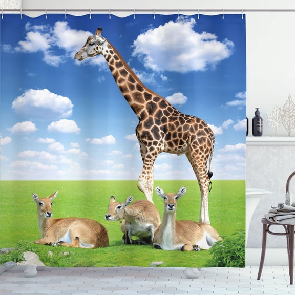 Ambesonne Giraffe Shower Curtain, Zoo Animals, 69"Wx84"L, White Blue Brown