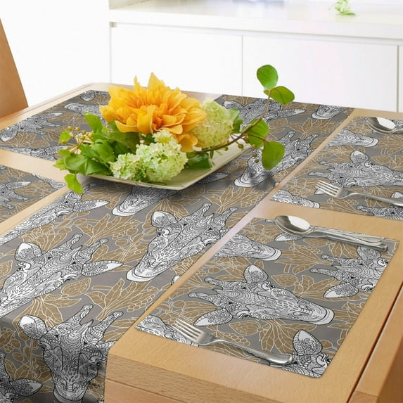 Ambesonne Giraffe Table Runner & Placemats, Doodle Heads, Placemat 4 pcs + Runner 12"x72", Taupe Caramel White