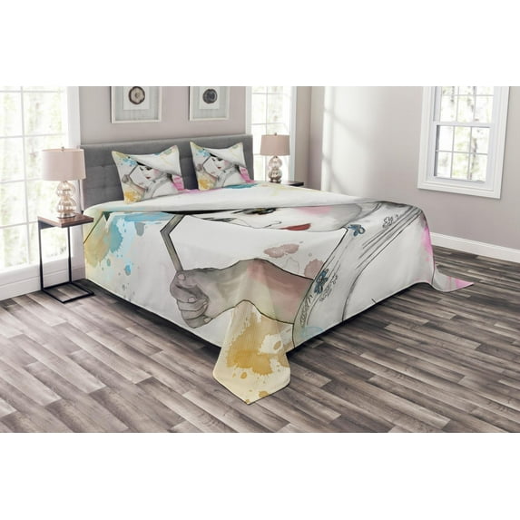 Ambesonne Girl Quilted Bedspread Set 3 Pcs, Lady Splash Style, Queen Size, Multicolor