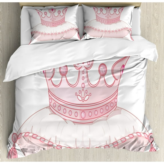 Ambesonne Girls Duvet Cover Set, Cartoon Crown, Queen, Pale Pink