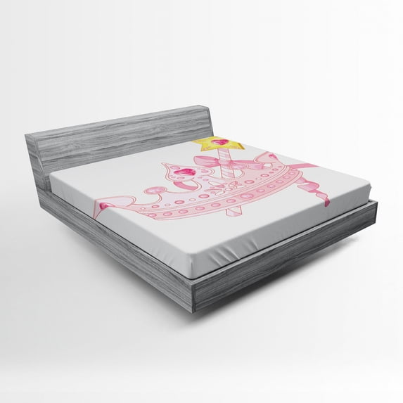 Ambesonne Girls Fitted Sheet, Crown and Magic Wand, Full Size, Pale Pink Yellow