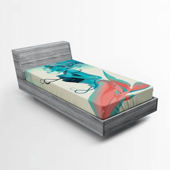 Ambesonne Girls Fitted Sheet, Gothic Mermaid Portrait, Twin XL Size, Cream Teal Pink