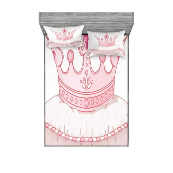 Ambesonne Girls Fitted Sheet & Pillow Sham Set, Cartoon Crown, Full, Pale Pink
