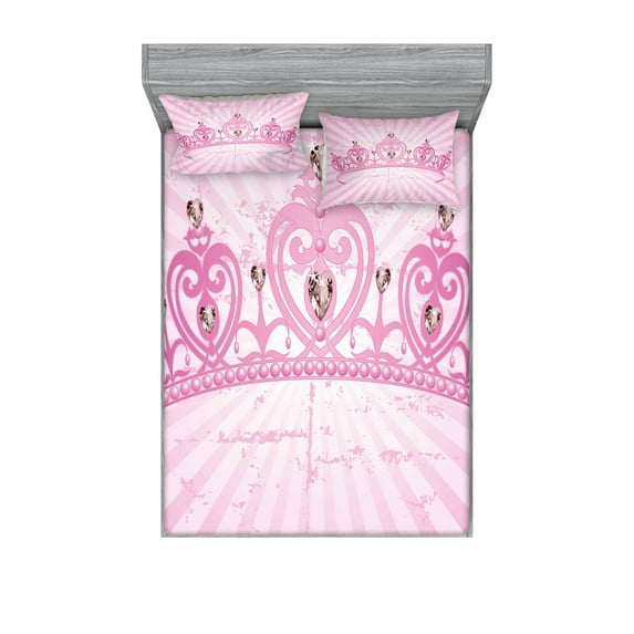 Ambesonne Girls Fitted Sheet & Pillow Sham Set, Pink Cartoon, Queen, Pink Pale Pink