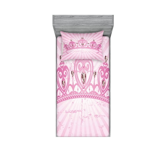 Ambesonne Girls Fitted Sheet & Pillow Sham Set, Pink Cartoon, Twin, Pink Pale Pink