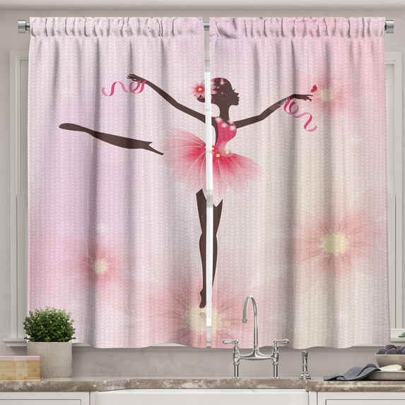Ambesonne Girls Kitchen Curtains, Ballerina Silhouette, 55"x45", Pink Umber and Pale Pink