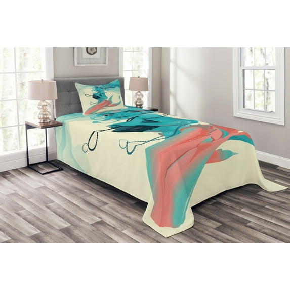 Ambesonne Girls Quilted Bedspread Set 2 Pcs, Gothic Mermaid Portrait, Twin Size, Cream Teal Pink