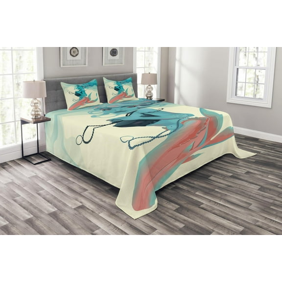 Ambesonne Girls Quilted Bedspread Set 3 Pcs, Gothic Mermaid Portrait, Queen Size, Cream Teal Pink