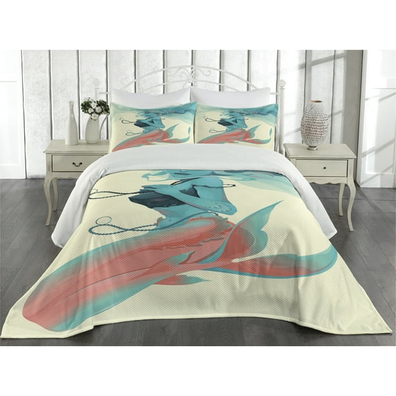 Ambesonne Girls Quilted Coverlet 3 Pcs, Gothic Mermaid Portrait, King Size, Cream Teal Pink