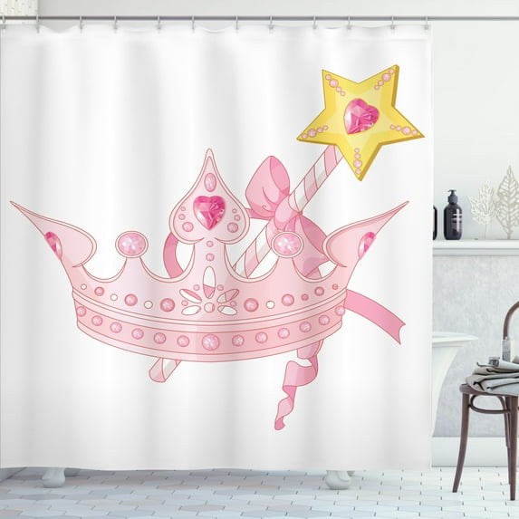 Ambesonne Girls Shower Curtain, Crown and Magic Wand, 69"Wx70"L, Pale Pink Yellow