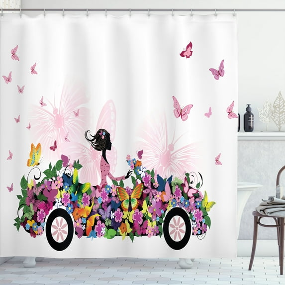 Ambesonne Girls Shower Curtain, Floral Car Butterflies, 69"Wx84"L, Multicolor
