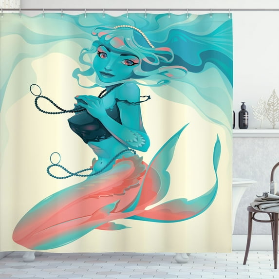 Ambesonne Girls Shower Curtain, Gothic Mermaid Portrait, 69"Wx75"L, Cream Teal Pink