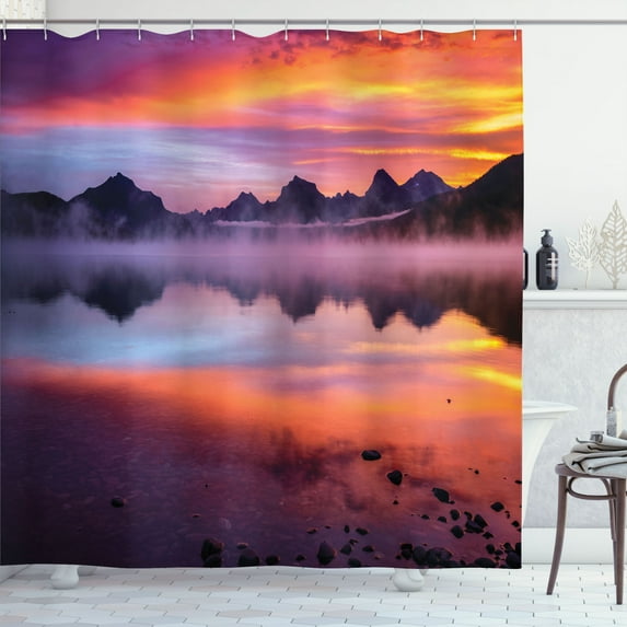 Ambesonne Glacier National Park Shower Curtain, Misty Sunset, 69"Wx70"L, Salmon Mauve