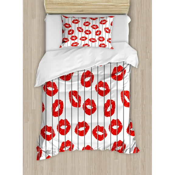 Ambesonne Glamour Duvet Cover Set, Woman Lips Love Behind Bars, Twin, Scarlet White and Grey