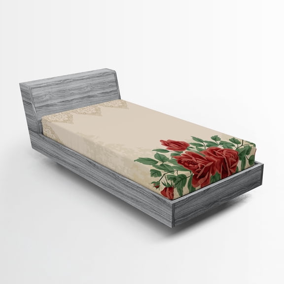 Ambesonne Glamour Fitted Sheet, Vintage Love Red Roses, Twin Size, Beige Green