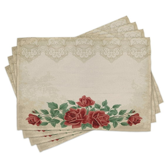 Ambesonne Glamour Place Mats Set of 4, Vintage Love Red Roses, Standard Size, Beige Green