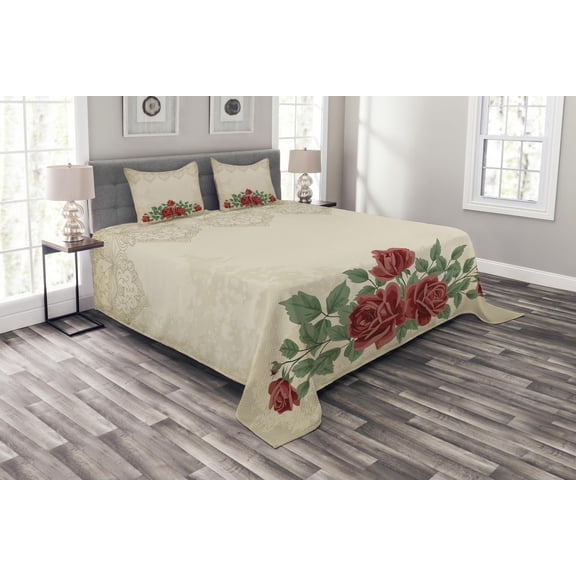 Ambesonne Glamour Quilted Bedspread Set 3 Pcs, Vintage Love Red Roses, Queen Size, Beige Green