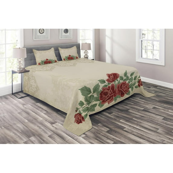 Ambesonne Glamour Quilted Coverlet 3 Pcs, Vintage Love Red Roses, King Size, Beige Green