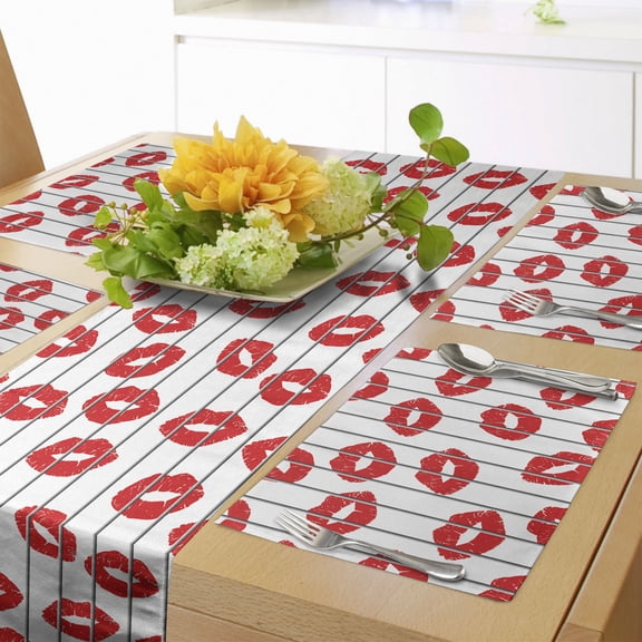 Ambesonne Glamour Table Runner & Placemats, Woman Lips Love Behind Bars, Placemat 4 pcs + Runner 14"x90", Scarlet White and Grey