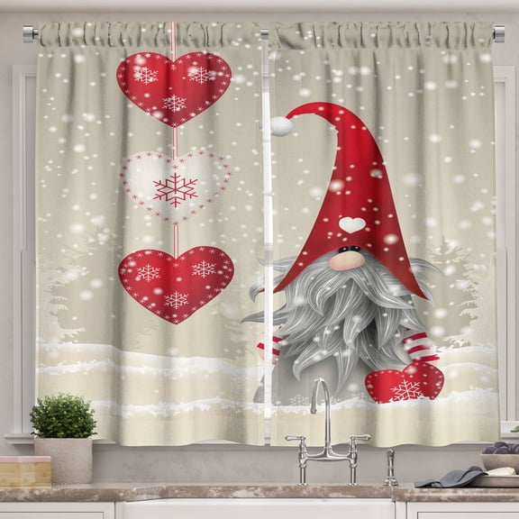 Ambesonne Gnome Kitchen Curtains, Christmas Folk Elf Snowing, 55"x24", Pale Sepia Vermilion