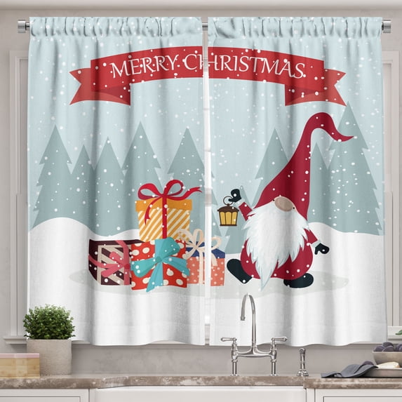 Ambesonne Gnome Kitchen Curtains, Colorful Gift Boxes and Elf, 55"x24", Ruby and Pale Blue Grey