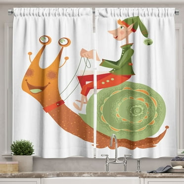 Ambesonne Gnome Kitchen Curtains, Little Elf Riding a Snail, 55"x45", Olive Green Burnt Sienna