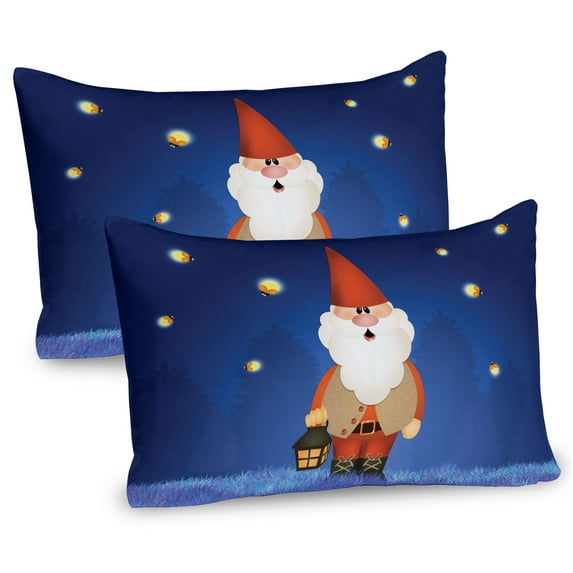 Ambesonne Gnome Pillow Sham 2 Pack, Elf at Night with Cartoon, 26"x20", Navy Blue and Scarlet