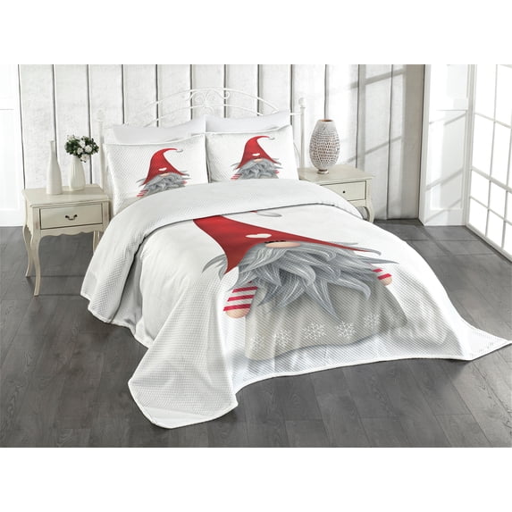 Ambesonne Gnome Quilted Bedspread Set 3 Pcs, Finnish Creature Folklore, Queen Size, Ruby Pale Grey