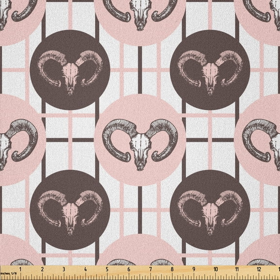 Ambesonne Goat Fabric by the Yard Microfiber, Animal Portraits on Circles, 1 Yard, Brown Blush White
