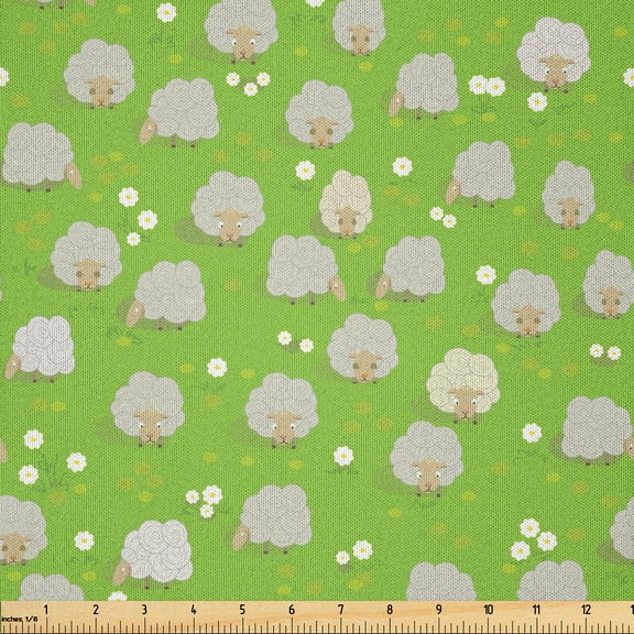 Ambesonne Goat Fabric by the Yard Microfiber, Goat Herd Graze on Meadow, 1 Yard, Pearl Tan Lime Green