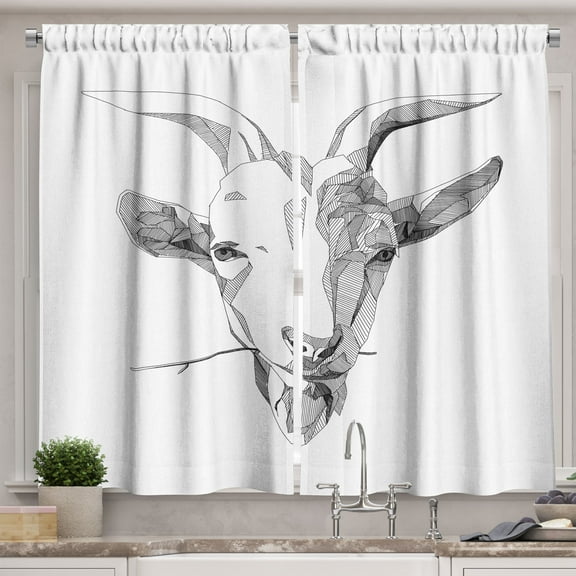 Ambesonne Goat Kitchen Curtains, Line Art Details Ram Portrait, 55"x39", Dark Grey and White