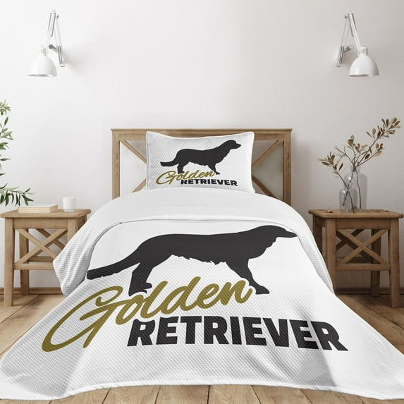 Ambesonne Golden Retriever Quilted Bedspread Set 2 Pcs, Dog Silhouette, Twin Size, Sepia Black White