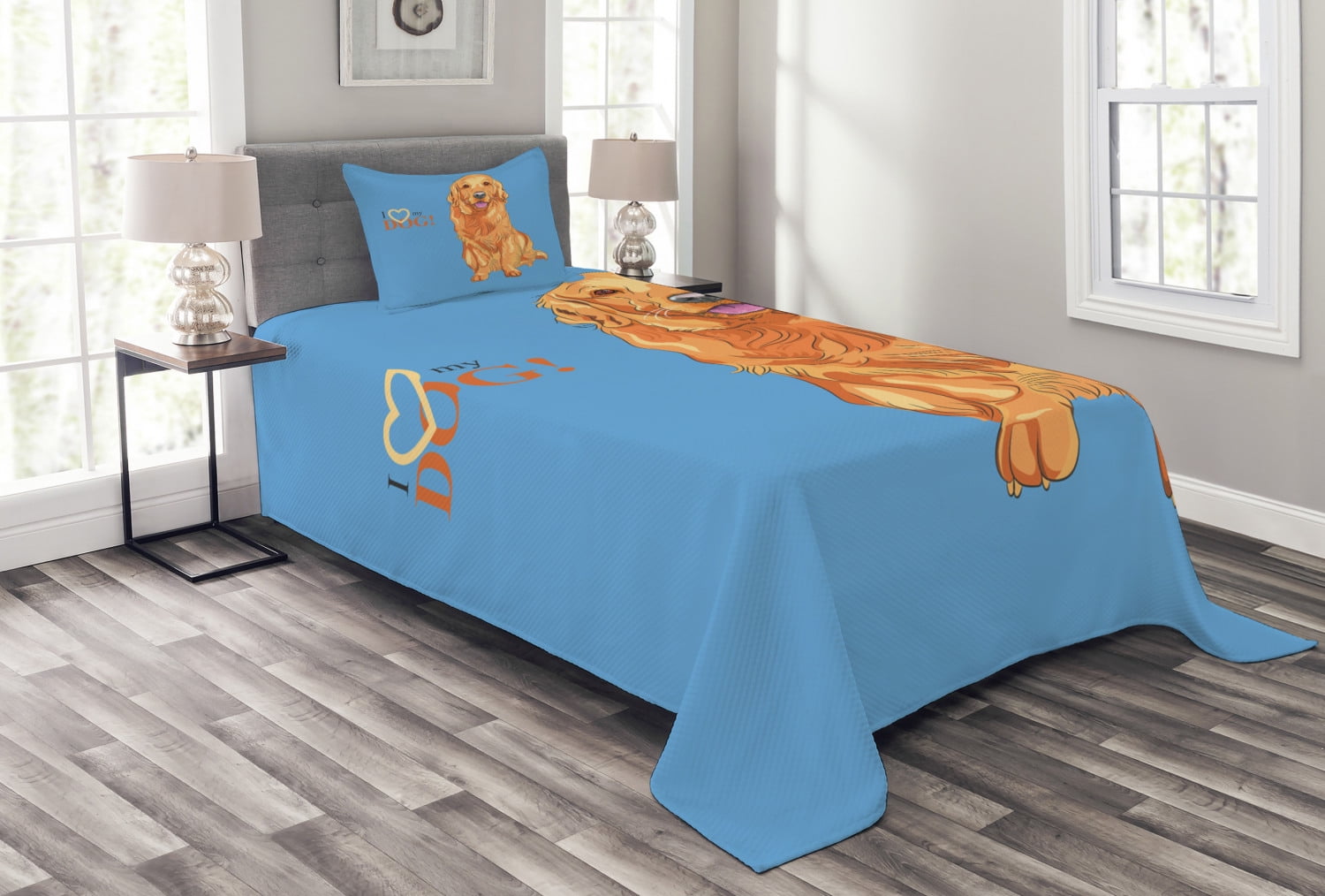 Ambesonne Ambesonne Golden Retriever Bedspread Set I Love My Dog Blue and Orange