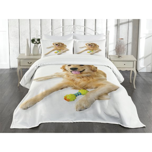 Ambesonne Golden Retriever Quilted Bedspread Set 3 Pcs, Laying Dog Print, Queen Size, Multicolor